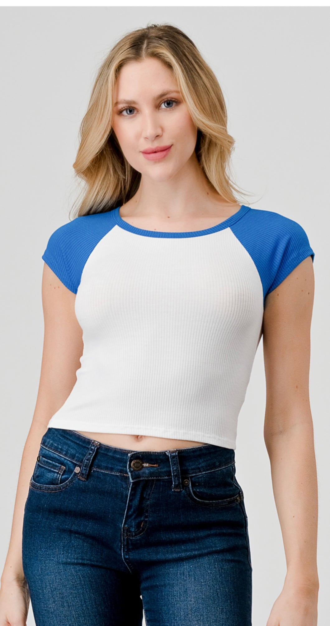 Hashttag Contrast Sleeve Baby Tee-White/Blue