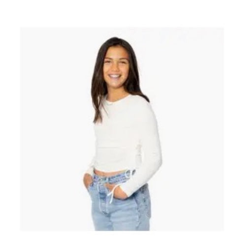 Long Sleeve White Top with Ruching & Tie